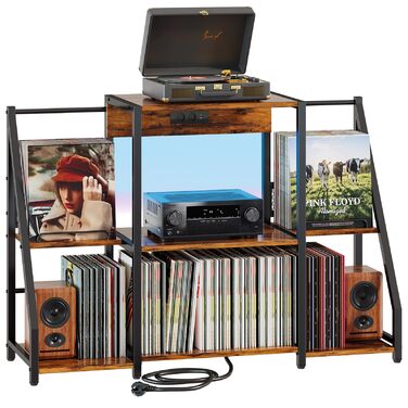 Підставка для програвача вінтаж велика з розеткою та LED-підсвіткою, тримач для платів, полиця для вінілу на 300 альбомів, для вітальні, спальні