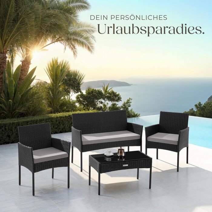 Набір садово-розплідницьких меблів tectake® з ротангу: банкетка, 2 крісла, столик, подушки, чорний колір. Меблі для балкона, тераси, саду.