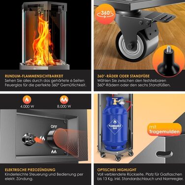 Газовий обігрівач KESSER® 4/8 кВт з П'єзозапалюванням, регулятором тиску газу та захисним кожухом. 360° обертання, захист від перекидання. Підходить для тераси, вулиці. Колір: антрацит.