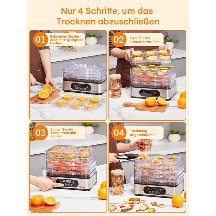 Електрична сушарка для продуктів FOHERE з нержавіючої сталі, 5 ящиків, LED-дисплей, 420W, 35-70°C, таймер 48h, для їжі, грибів, фруктів, м'яса, риби, овочів, без BPA