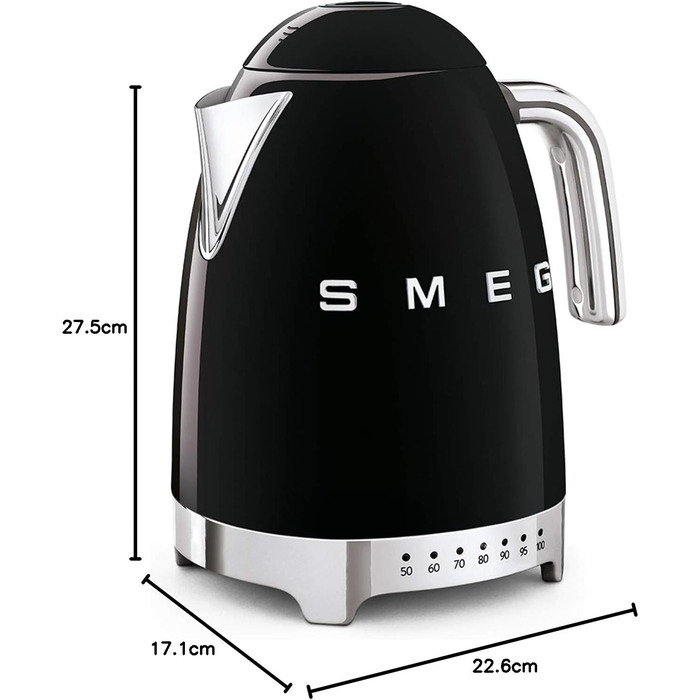 Електричний чайник Smeg KLF04BLEU 1.7L з регулюванням температури, фільтр від накипу, індикатор рівня води, 2400W, чорний