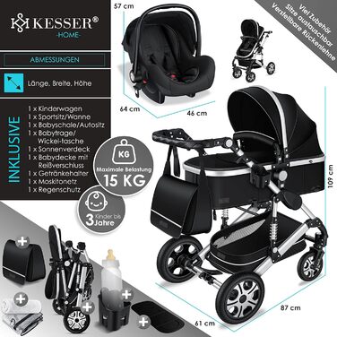 KESSER® Loops: Коляска 3-в-1 для дітей з люлькою, автокріслом та прогулянковим блоком. Комплект включає: автокрісло, люлька, прогулянковий блок, візок, колеса з повним покриттям, сумка для підгузків, дощовик, столик для дитини. Відповідає стандарту ECE R1
