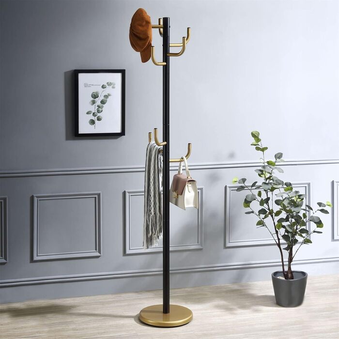 Металева вішалка для одягу IDIMEX Mila з 8 гачками, чорно-золота, з підставкою для капелюхів