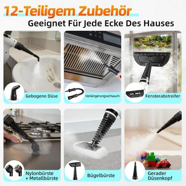 Портативний пароочисник для дому з аксесуарами, 3 бари, 1300 Вт, без хімікатів. Підходить для кухні, підлоги, плитки, диванів (білий)