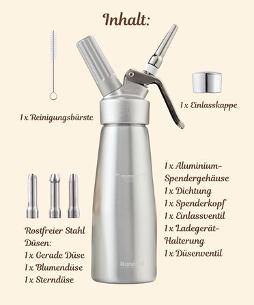 Runesol Дозатор для вершків 500 мл: професійний сифон для десертів з 3 насадками з нержавіючої сталі, алюмінієвий диспенсер для збитого вершку