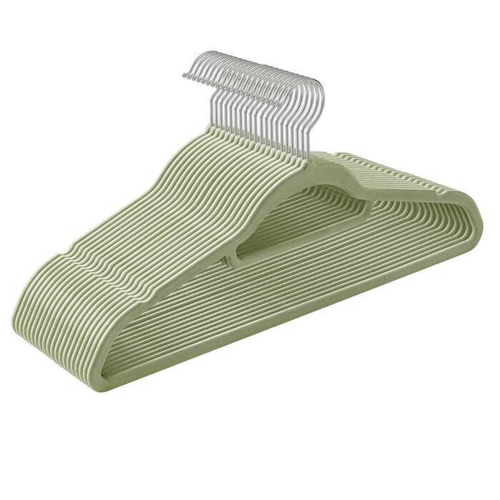 Плечики SONGMICS для одягу, велюрові, 20 шт., антиковзаючі, для краваток, 360° обертання, 0,6 см, економія місця, 43,5 см, для пальто, штанів, срібно-світло-зелені