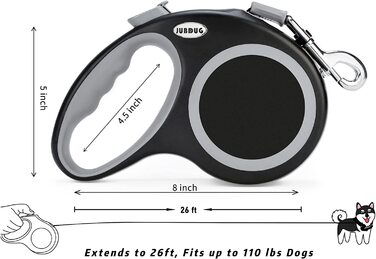 Класичний висувний повідець для собак JUBDUG, великий повідець довжиною 7,9 м, міцна конструкція з нековзною ручкою, швидкороз'ємна Гальмівна система для однієї руки. чорний / сірий