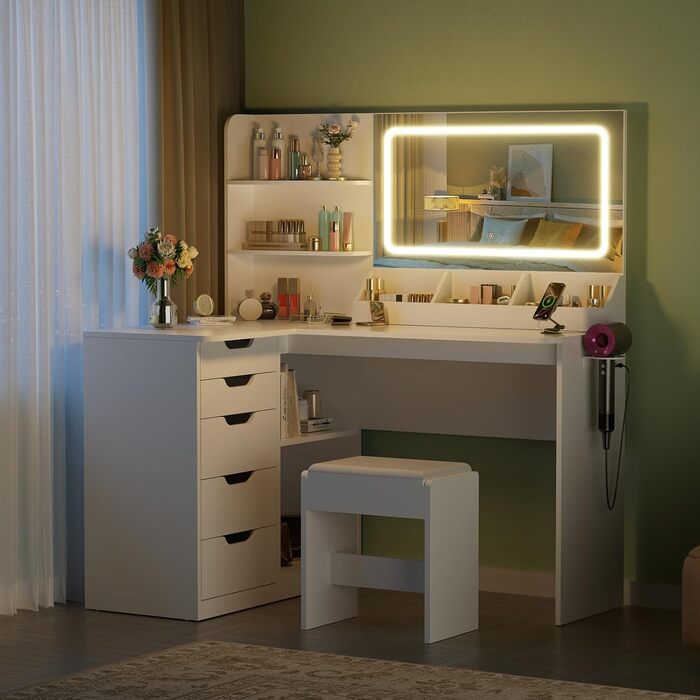Дзеркальний столик для макіяжу Devoko з LED-підсвічуванням та пуфом, кутовий туалетний столик з розеткою, 5 ящиків, відкриті полиці, тримач для фену, для спальні (білий)