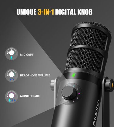 Динамічний мікрофон MAONO PD400X USB/XLR для подкастів, студії, стрімінгу, з регуляторами гучності, еквалайзером, функцією Tap-to-Mute та професійним софтом