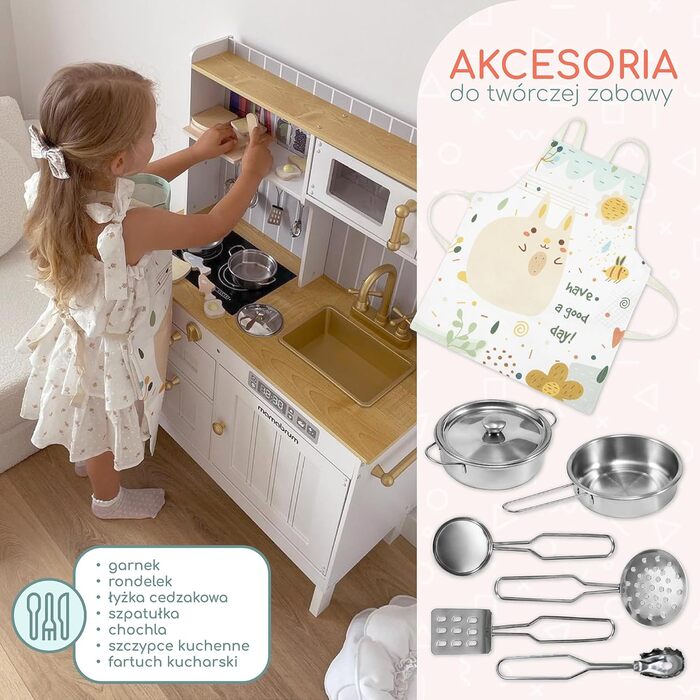 Дерев'яна дитяча кухня Mamabrum з LED-підсвічуванням - іграшковий кухонний набір з висотою, що регулюється, з приготуванням кубиків льоду, мікрохвильовою піччю, плитою та посудомийною машиною - іграшка для дітей від 3 років (Білий)