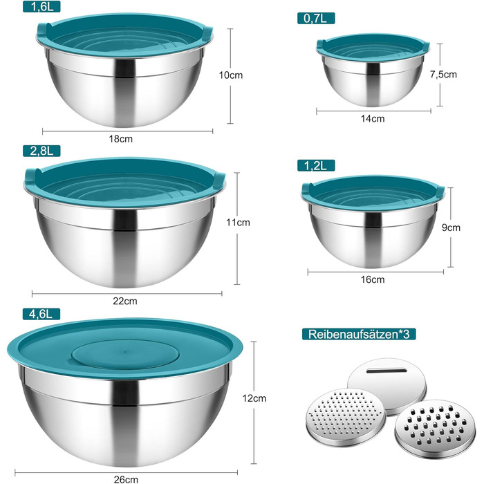 Набір мисок Homikit, 5 шт. з нержавіючої сталі, з кришкою та силіконовим дном, мультифункціональний, для салатів, 6.6L / 3.5L / 2.5L / 1.5L / 1L (блакитний, з 3 тертками)