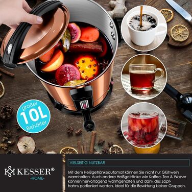 Кесер® Електричний казанок для глінтвейну 10л з нержавіючої сталі, з термостатом, 10 склянок, індикатор рівня, кран, мідний