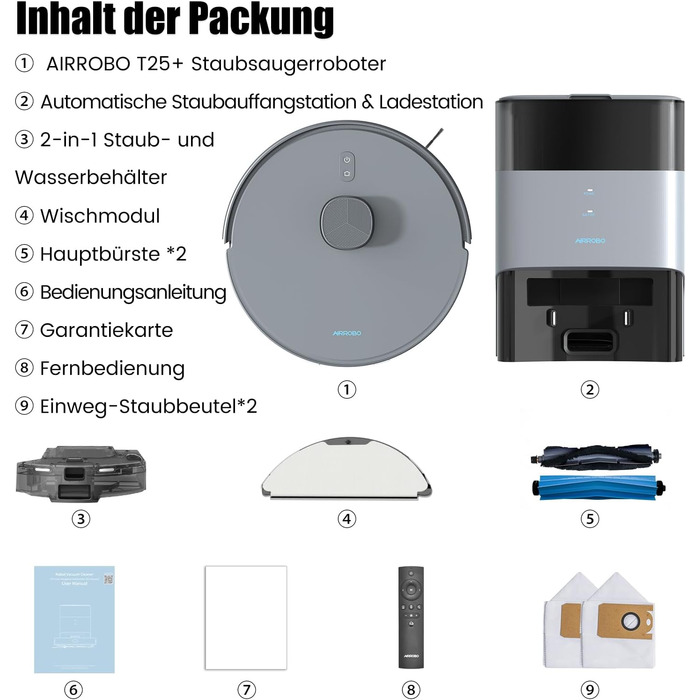 Робот-пилосос AIRROBO T25+ з вологою, LiDAR, 5500Pa, 240хв, керування через додаток, для тварин, чорний