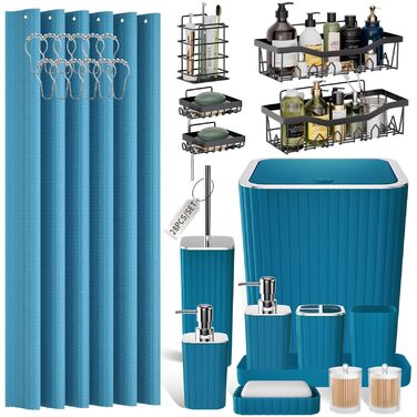 Набір аксесуарів для ванної кімнати, 25 предметів, салатово-зелений колір. Включає душову завісу, килимки, відро для сміття та дозатор для мила.
