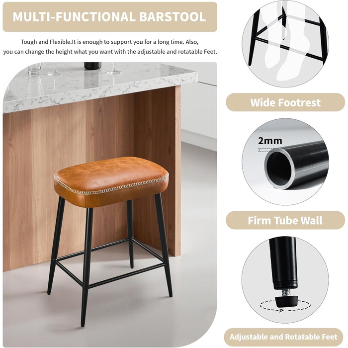 Набір з 2 барних стільців з мікрофібри, ретро дизайн, висота 62.5 см, без спинки, сірий (коричнева шкіра)