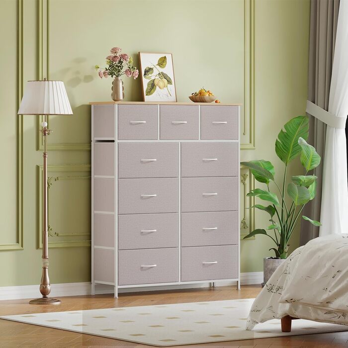 Тумбочка Somdot з висувними ящиками, тканинна тумбочка, тумбочка для спальні, вітальні, коридору, шафа з ящиками, 5 тканинних ящиків, білий колір, штучна шкіра (сірий, 30T x 100B x 118.5H см (11 ящиків))