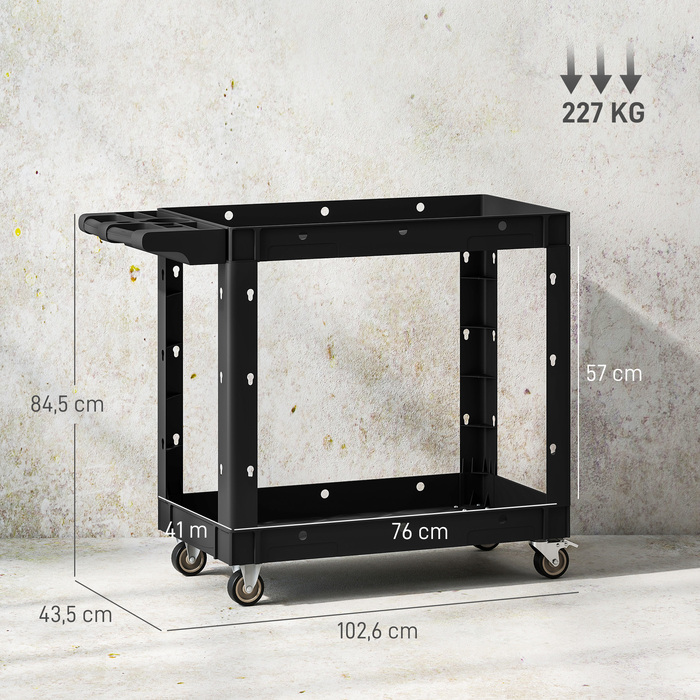Набір інструментів на коліщатках з двома ящиками, ручка, колеса, пластик, чорний