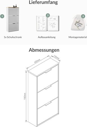 Взуттєва шафа Planetmöbel з 3 стінками, 6 полицями, 60 x 23 x 118 см, білий/сірий колір