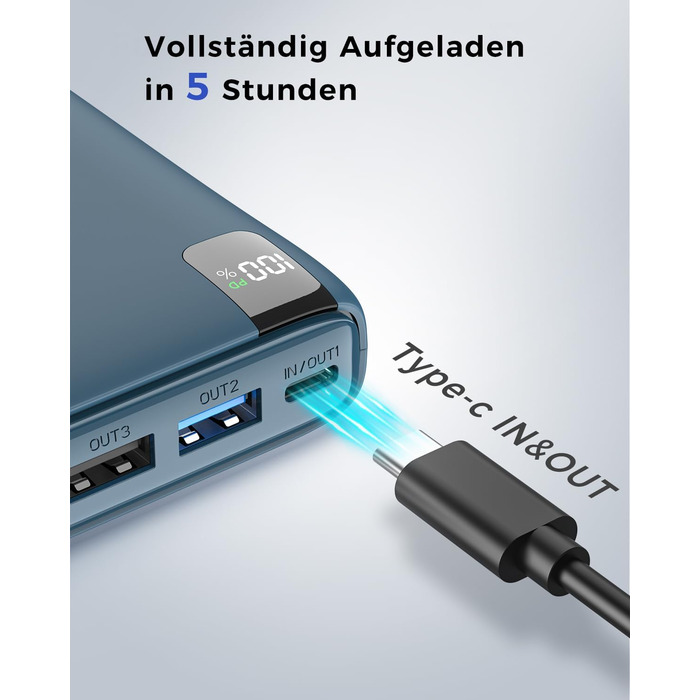 МАг - швидкий зарядний пристрій 22,5 Вт, USB C, LED-дисплей, 4 виходи, синій, 27000