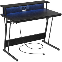 Ігровий стіл VASAGLE зі світлодіодним підсвічуванням, письмовий стіл із вбудованим подовжувачем, комп'ютерний стіл, підставка для монітора на 2 монітори, спальня, класичний чорний LWD192B56 (60 x 100 x 76 см)