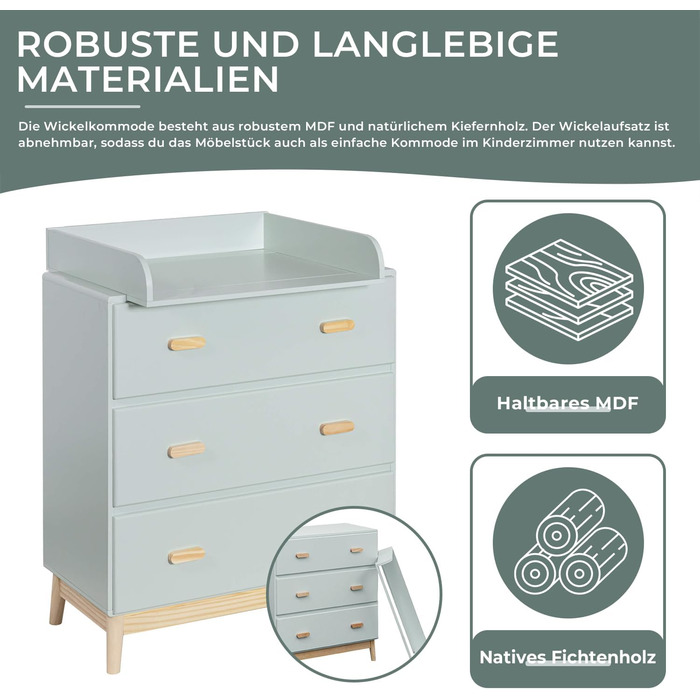 Комод з пеленальним столиком Rebecca Mobili, Aqua Grün Braun, колір блакитно-зелений, матеріал - сосна та MDF, компактний, знімний пеленальний столик, розміри 100 x 80 x 42 см, арт. RE6985