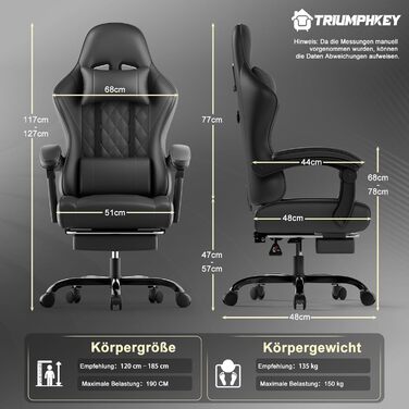 Ігровий стілець, офісний стілець з підставкою для ніг, ергономічний стілець, регульована спинка 90-135°, вантажопідйомність 150 кг, чорний
