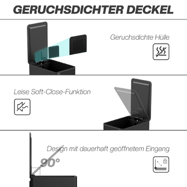 Сміттєвий бак 20л, з плавним закриттям кришки, відділенням для дезодоранту, захистом від відбитків пальців, нержавіюча сталь, чорний