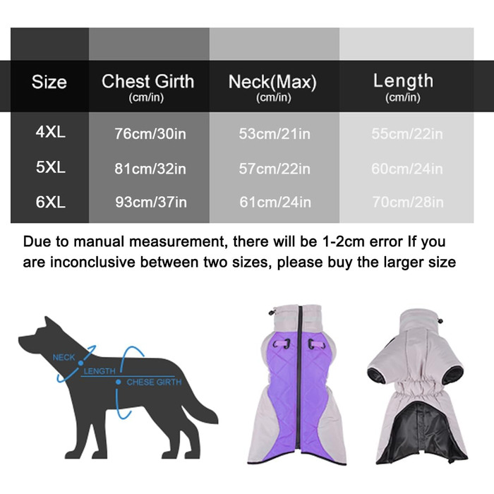 Зимова куртка для собак, регульована, вітрозахисна, світловідбиваюча, D-кільце, 2 ноги, 6XL, фіолетова