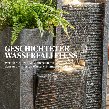 Водоспад на 3 рівня з підсвічуванням LED, декоративне кашпо, насос та імітація каменю, регульована висота, розміри 38 x 19 x 101 см