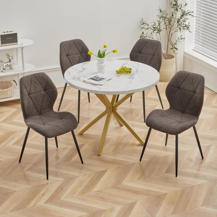 Набір обіднього столу та стільців GrandCA HOME: круглий стіл 100 см + 4 сучасні стільці з льону, сіро-темний колір (мрамор + чорний)