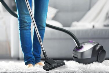 Пилсос Bestron з мішком, для прибирання підлоги, з 3 мішками, телескопічна труба 94 см, перемикач насадки для підлоги, радіус дії 7.5 м, HEPA 12 та мікрофільтр, миючий, чорний/фіолетовий