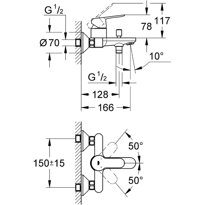 Змішувач для ванни Grohe BauEdge, хром, з перемикачем душ/ванна, 23334000