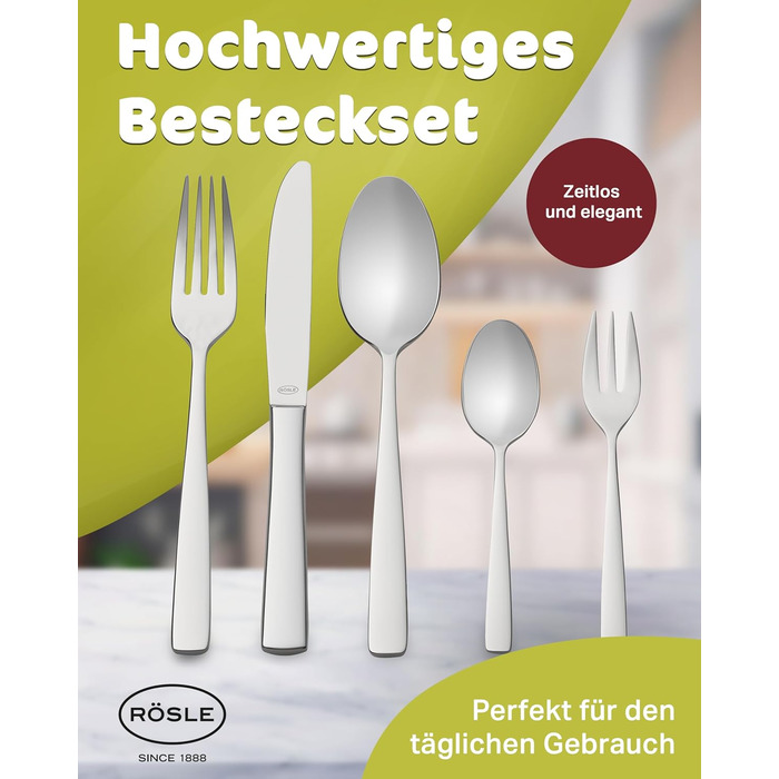 Набір столових приборів RöSLE ELEGANCE на 12 осіб (60 предметів) – високоглянцевий нержавіючий сталь 18/10, преміум якість, придатний для миття в посудомийній машині, в подарунковій коробці
