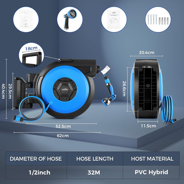 Himimi автоматичний водяний шланг 30м + 2м настінна коробка, поворот на 180°, ролики для саду, автоматичний з 10-в-1 розпилювачем, кріплення на стіну для поливу