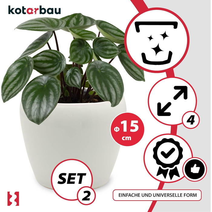 Набір горщиків для квітів KOTARBAU® 2 шт. діаметром 15 см, висотою 15 см, глазурована кераміка, білий