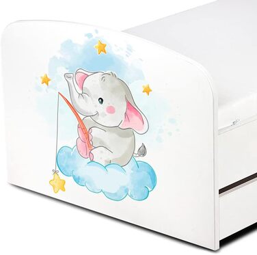 Дерев'яне ліжко Leomark з функціями для дітей - ліжко з матрацом, боковиками та ламелями, розмір спального місця 70/140 см, друк UV (Дитячий слон)