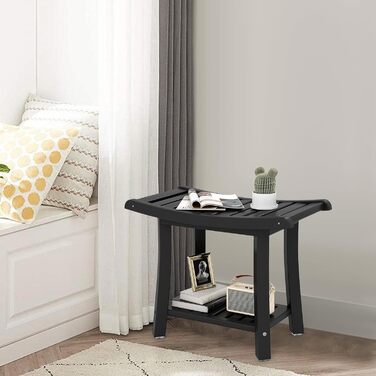 Двомісний стілець для душу Costway з полицею, 170 кг, 60,5 x 34 x 48 см (Чорний)