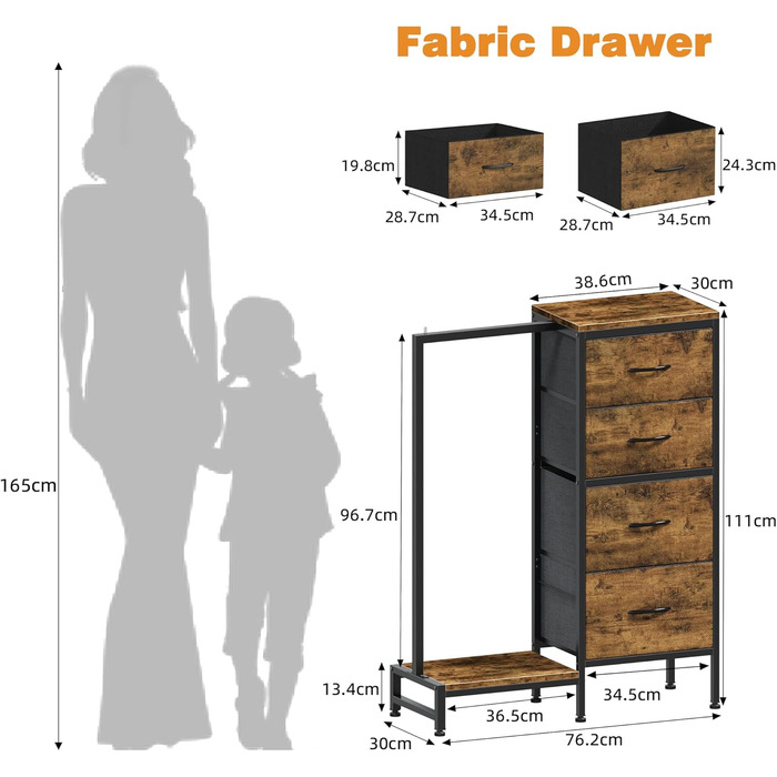 Комод 111 см з 4 висувними ящиками з тканини, з вішалкою, для спальні, вітальні, передпокою, дерев'яний, подарунок