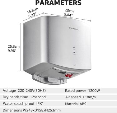 Електричний автоматичний сушар для рук, настінний, 1200W, сірий