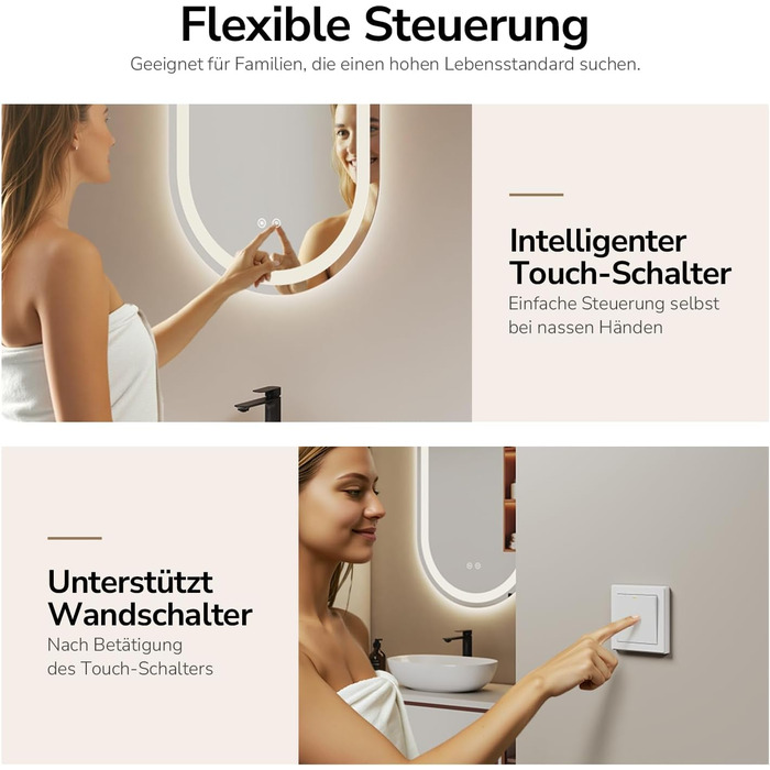 Дзеркало для ванної кімнати EMKE з підсвічуванням 50x90 см, овальне, з сенсорним перемикачем, 3 кольори світла, регулювання яскравості, антизапарник, функція пам'яті, автоматичне вимкнення через 3 години