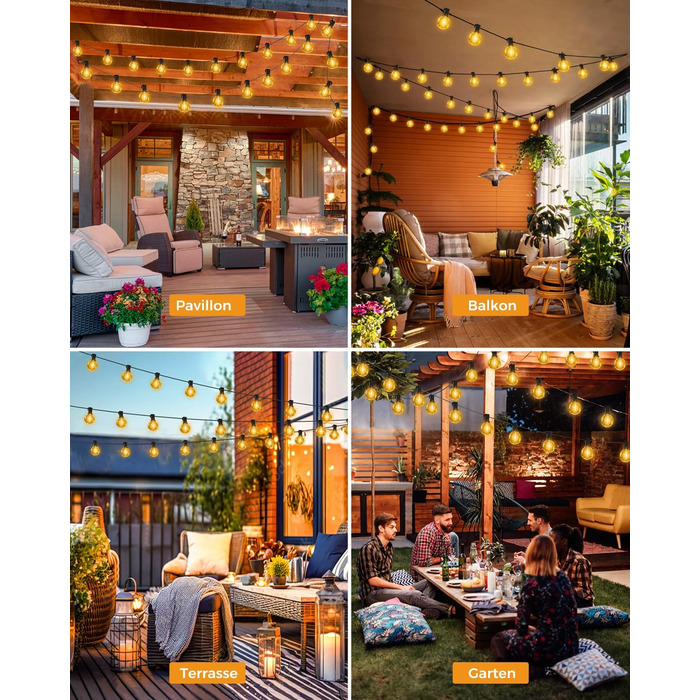 LED гірлянда для декорування вулиці, 15 метрів, димер, таймер, тепле світло G40, вологостійка, для саду, балкону, вечірки, павільйону, тераси