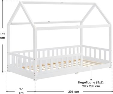 Дитяче ліжко Juskys Marli 90 x 200 см із захистом від падіння, рейковим каркасом і дахом - Дитяче ліжко з масиву дерева - Ліжко в білому кольорі