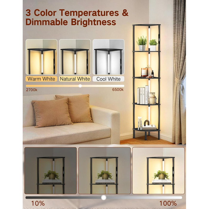 LED торшер з полицею: 3 режими світла, димування (сенсор, пульт), кутова полиця 5 рівнів, вузька книжкова шафа для вітальні, спальні, офісу (чорний)