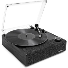 Програвач вінілу Victrola Eastwood II, чорний, з Bluetooth 5.1, вбудованими динаміками, технологією Vinyl-Stream, трьома швидкостями та картриджем Audio Technica AT-3600LA, ретро дизайн