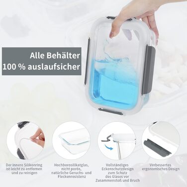 Набір контейнерів для зберігання продуктів Glas, 18 шт. (9 контейнерів, 9 кришок), безпечні для миття в посудомийній машині, мікрохвильовій печі та морозильній камері, з герметичним закриттям, без BPA, сірого кольору