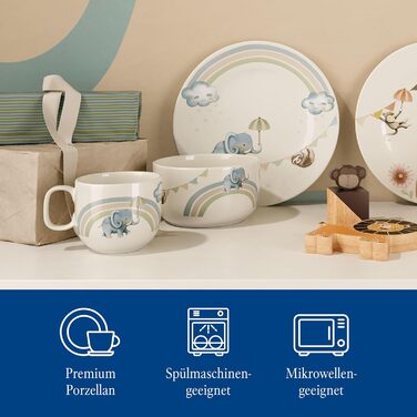 Дитячий набір посуду Villeroy & Boch Boho Kids 'Walk like an elephant' (3 шт.) – блакитний, преміум-посуд для дітей, миття в посудомийній машині, безпечний для мікрохвильовки, з зображенням слона та лінивця