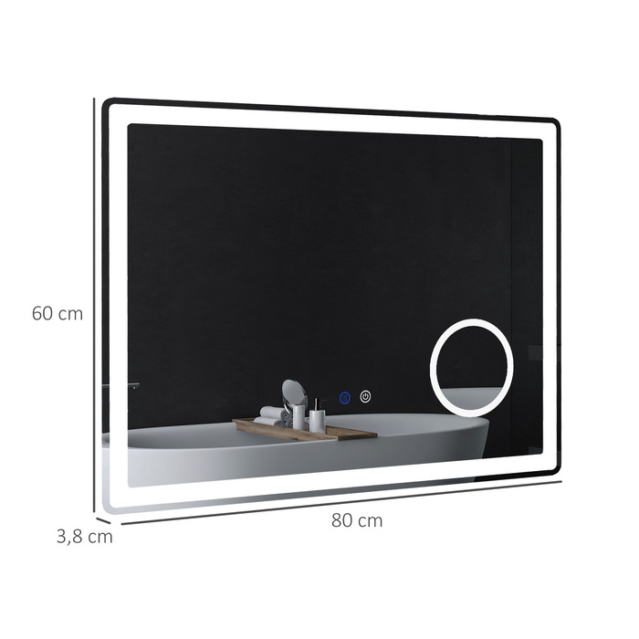 Дзеркало для ванної кімнати зі світлодіодним підсвічуванням, 3-кратним збільшенням, сенсорним керуванням, функцією пам'яті, запобіганням запотіванню, розміром 80 x 60 см