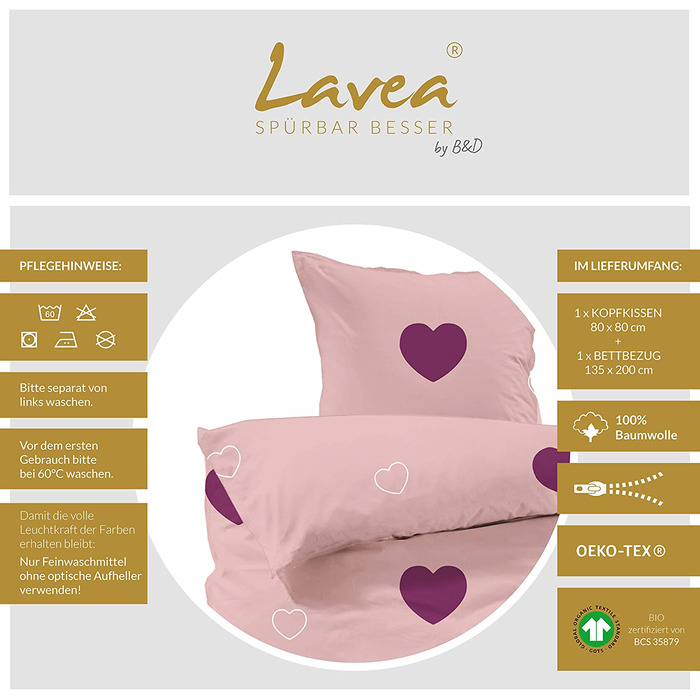 Комплект постільної білизни Lavea-Мілена 135 х 200 см 80 х 80 см.Дизайн серце - колір 100 бавовна. Висока якість із застібкою-блискавкою. Сертифікований за стандартом GOTS / Bio. (135 х 200 80 х 80 см, рожево-бордовий)