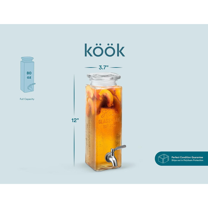 Скляний диспенсер для напоїв Kook: витокозахисний кран з нержавіючої сталі, прозорий, 8 унцій