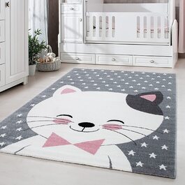 Дитячий килим з малюнком милої кішки, круглий килим, що не вимагає особливого догляду, Килимки для дитячої, дитячої або ігрової кімнат, Розмір 160 см круглий, колір сіро-рожевий 160 см круглий рожевий